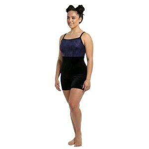 GK Elite VTG Purple Pixelated Metallic Black Velvet Logo Biketard Leotard AL